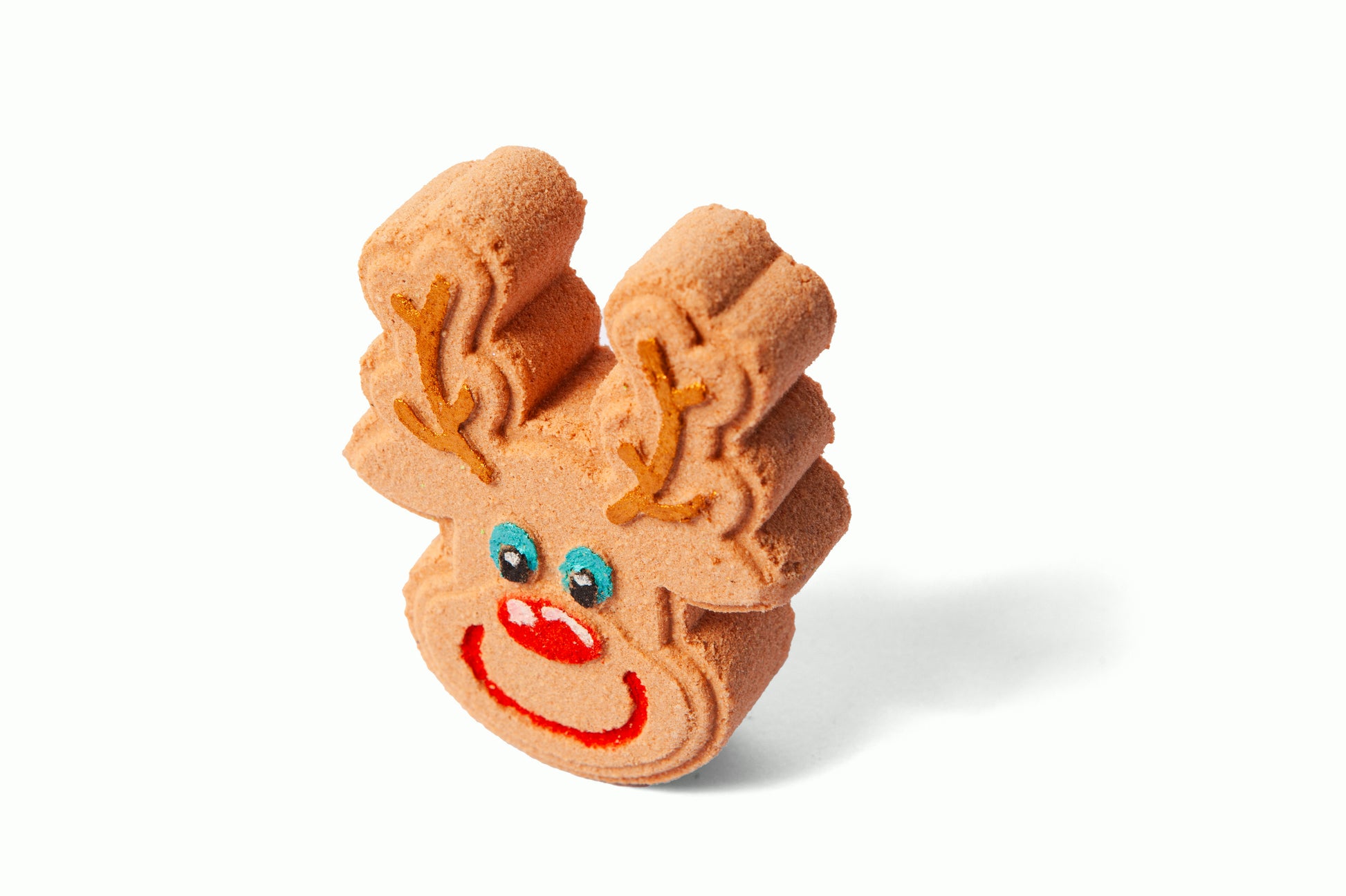 Rudolph the reindeer shaped bath bomb or bath fizzer from side. 